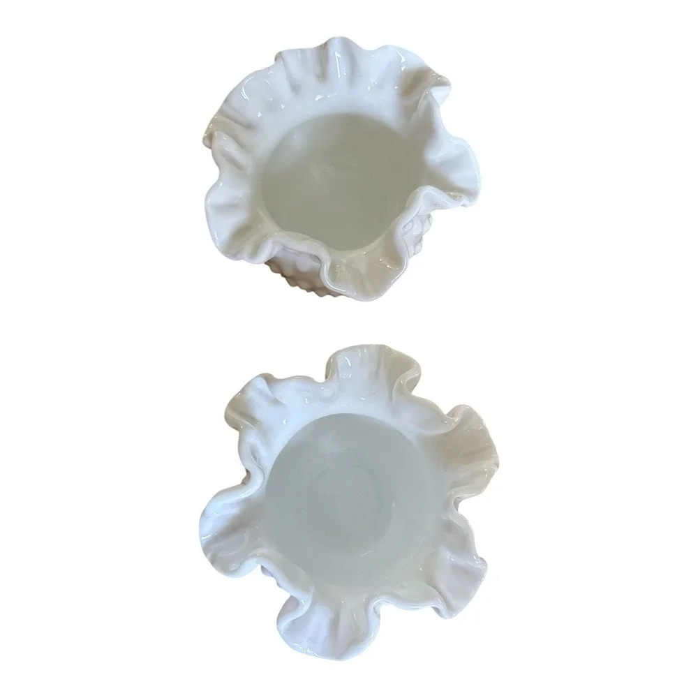 2 Fenton White Milk Glass Hobnail Crimped Ruffled Edge Rose Bowl Vase Vintage